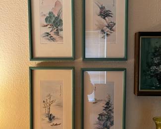 Set of four Asian inspired, matted and framed landscapes