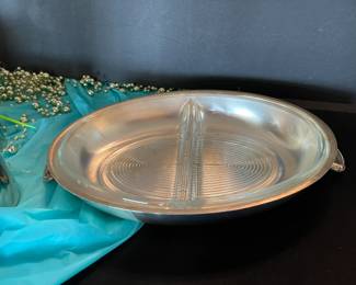 Glassbake 558 silver tray with glass divided insert.