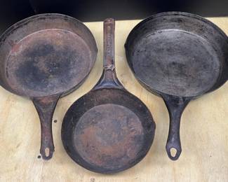 (3) Vintage Cast Iron Skillets - 6, 7.5, & 9 Inch 