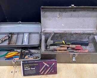Vintage Metal Tacklebox & Toolbox With Assorted Hand Tools - Pocket Knives, Wood Handle Screwdrivers