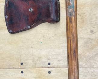 Vintage Wood Handle Hatchet With Leather Cover 