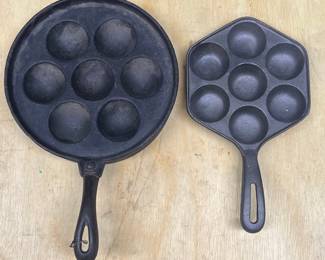 (2) Solid Cast Iron Danish Aebleskiver Pans - 6.5 Inch & 9 Inch