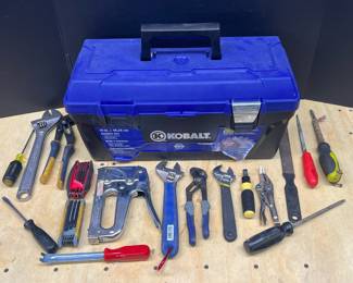 Kobalt Plastic Toolbox With Assorted Hand Tools - Staple Gun, Hex Keys, Wrenchs, Grips 