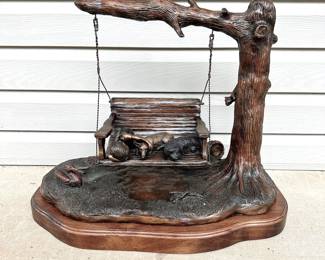 BRONZE SCULPTURE - LARGE - BOY ASLEEP ON SWING WITH DOGS - HEAVY! - HANDMADE - BRONZE CASTED
