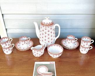 VINTAGE SPODE RED FLEUR DE LYS TEA SET - BONE CHINA - ENGLAND - Y7481