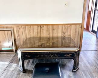 VINTAGE CHINOISERIE COFFEE TABLE WITH GLASS TOP AND STOOL