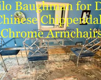 Milo Baughman for DIA Chinese Chippendale Chrome Table & Armchairs