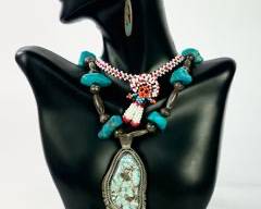 113 Grams Fine Native American Sterling Silver Jewelry Lot: Turquoise 24 Inch Necklace, PJS Turquoise Pendant, Malachite Earrings, Turquoise Ring Size 4.5