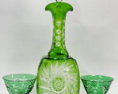 Vintage Cut To Clear Green Crystal Decanter With Two Goblets