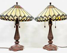 Pair Fantastic Tiffany Style Leaded Glass Accordion shade Table Lamps