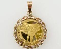 4.4 Grams Fine 1996 South Africa Natura Elephant .999 Gold Coin In 9K Pendant Bezel