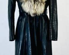 Fashionable Black Reversible Long Belted Coat W/ AuthenticTeal Fur Trim/Collar, Black Quilted Jacket Size L