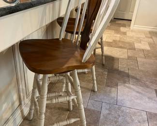 3 wooden swivel bar height stools, 30" to seat 