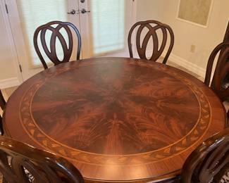 5' round x 29" dining table w braid inlay design, table pads 
6 Ashley side chairs, 19" to seat, 41" backs 