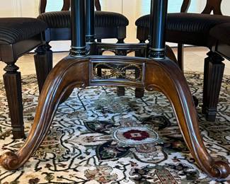 5' round x 29" dining table w braid inlay design, table pads 
6 Ashley side chairs, 19" to seat, 41" backs 