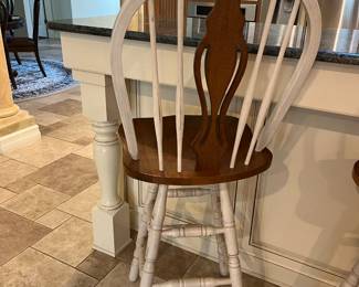 3 wooden swivel bar height stools, 30" to seat 