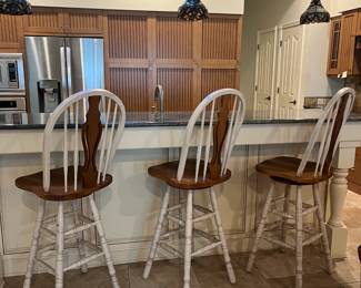 3 wooden swivel bar height stools, 30" to seat 