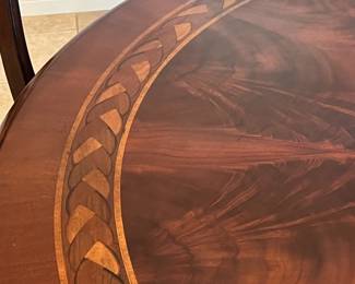 5' round x 29" dining table w braid inlay design, table pads 
6 Ashley side chairs, 19" to seat, 41" backs 