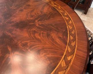 5' round x 29" dining table w braid inlay design, table pads 
6 Ashley side chairs, 19" to seat, 41" backs 