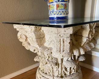 Weathered Terracotta Column Base Glass Top Side Table