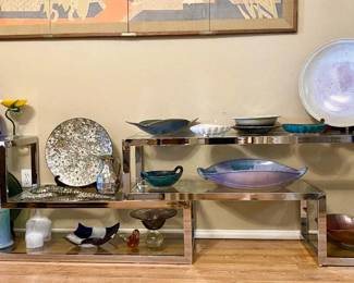 Milo Baughman Style Postmodern Chrome Glass Top Etagere