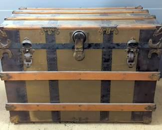 Antique Wood And Iron Storage Trunk, 23.5" x 32.5" x 20", Missing Interior Tray And Right Side Handle