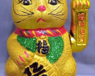 Ceramic 7" Maneki Neko Beckoning Lucky Cat, With Battery Operated Waving Arm