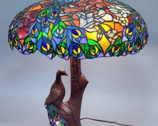 Peacock Lamp With Tiffany-Style Lamp Shade 29.5", Unbranded, Powers On