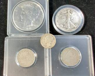1922 D Peace Dollar, 1943 Walking Liberty Half Dollar, 1883 V Nickels, Qty 2, And 1942 Mercury Dime