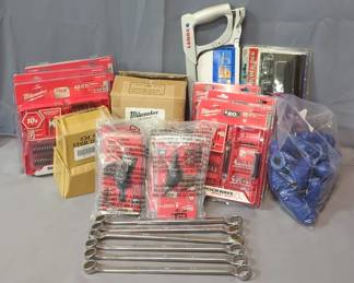 Milwaukee 25pc Impact Driver Bit Sets, Model 48-32-4419, Qty 3, Milwaukee 42pc Impact Driver Sets, Model 48-32-4407, Qty 3, Milwaukee 4pc Hex Shank Drill Bit Sets, Model 48-89-4444, Qty 60, Milwaukee 6pc Pivoting Bit Holders, Model 48-32-2300, Qty 6, Lenox Hand Saw Model 4012, Clarke Magnetic Screwdriver Holder Model CTB 203, 3/4" And 7/8" Combination Wrenches, Qty 6, Westward 24mm Sockets, Qty 12, And BrushTech Battery Terminal Cleaners, Approx Qty 21