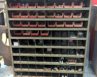 Lyon Hardware Storage Cabinet, Including Akrobins Storage Bins, Qty 28, And Various Sized Nuts, Bolts, And Washers, 43.5" x 36" x 12"