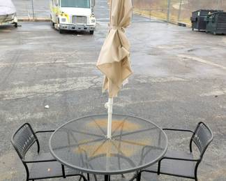 Outdoor Patio Set Including Steel Mesh Top Table, 28" x 42", Wicker Chairs, Qty 2, Umbrella And Stand