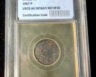 1867 P Shield Nickel Without Rays, Certified By USCG, Graded VF30