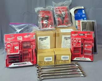 Milwaukee 25pc Impact Driver Bit Sets, Model 48-32-4419, Qty 1, Milwaukee 42pc Impact Driver Sets, Model 48-32-4407, Qty 1, Milwaukee 4pc Hex Shank Drill Bit Sets, Model 48-89-4444, Qty 120, Milwaukee 6pc Pivoting Bit Holders, Model 48-32-2300, Qty 6, Lenox Hand Saw Model 4012, Clarke Magnetic Screwdriver Holder, Model CTB 203, 3/4" And 7/8" Combination Wrenches, Qty 6, Westward 24mm Sockets, Qty 12, And BrushTech Battery Terminal Cleaners, Approx Qty 25