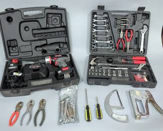 Craftsman Cordless Drill With Charger And Batteries In Hard Case, Untested, And Home Repair Tool Set In Hard Case Including Wrenches, Sockets, Bit Driver, Screwdriver, Hammer, Pliers, 9-Piece Combination Forged-Steel Wrench Set, And More, Total Qty 10