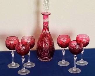 Cranberry Cut Glass Decanter 6 Small Stems