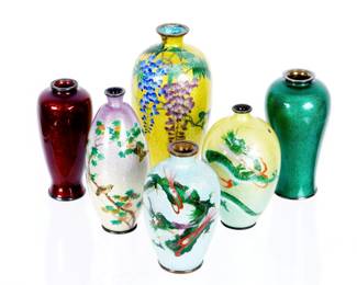 Six Ginbari Cloisonne Vases Including Teitaro