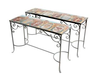 Pair English Tile Top Metal Console Tables