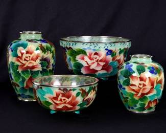 Four Japanese Plique-A-Jour Vases and Bowls