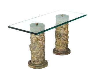 Chinese Bronze Double Pedestal Glass Top Table