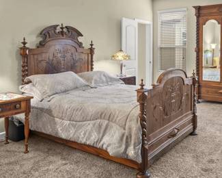 3-Piece French Twist Bedroom Set: circa 1880, Walnut Bed, Dresser, Armoire 