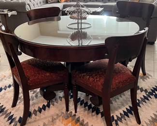 Pedestal Dining Table w 3 Side Chairs and 1 Arm Chair