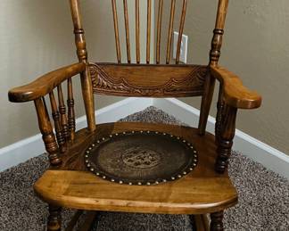 Pressed Back American Oak Rocking Chair w 7 Baluster Turned Spindles circa 1890