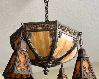 Victorian Style Chandelier Slag Glass, Ornate Metal Design