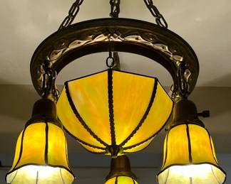 Arts & Crafts Mission Chandelier early 1900's Brass w Green/Amber Slag Glass Shades