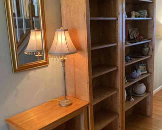 Three Wooden Shelves, Lamp, And Mirror