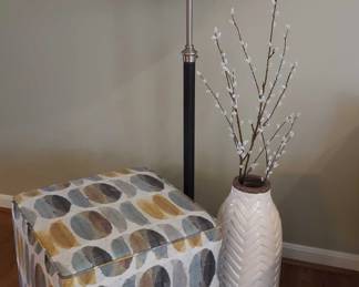 Ethan Allen Upholstered Ottoman, Floor Lamp and Crate Barrel Vase