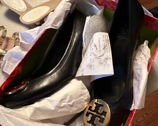 Tory Burch black leather wedges 
