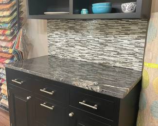 Cabinets (48" x 24") INSET both base unit with 5 drawers and two doors; open shelves cabinet above with backsplash between cabinets.  Countertop 3 cm Galaxy-moonstone polished with eased edge polished.  