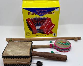 New In Box Vintage Kid's Accordion, Spin Drums & Tin Lizard Noise Maker
Lot #: 173